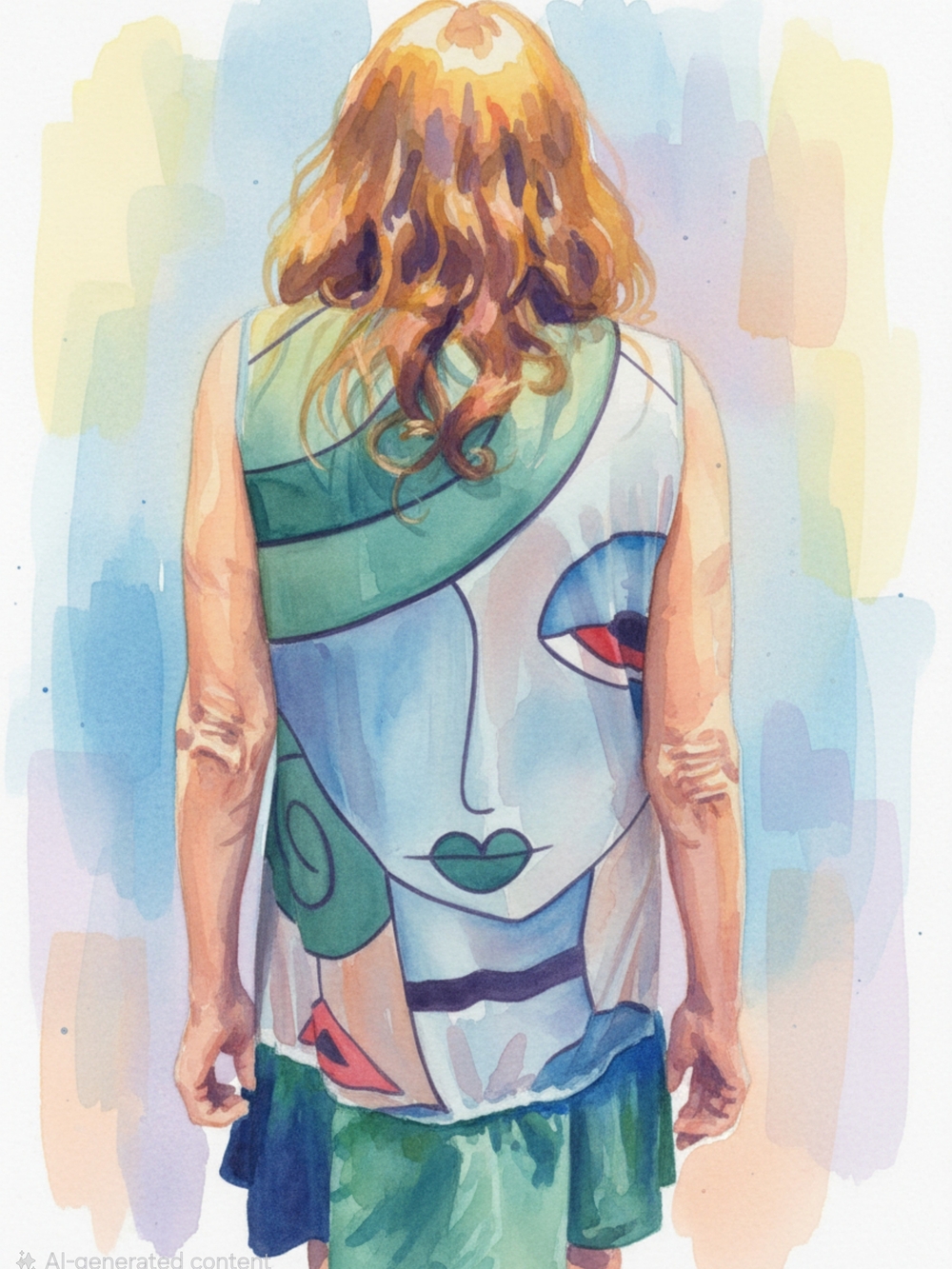 Sleeveless Abstract Face Print Dress in Aqua Green - Picture 2 of 3